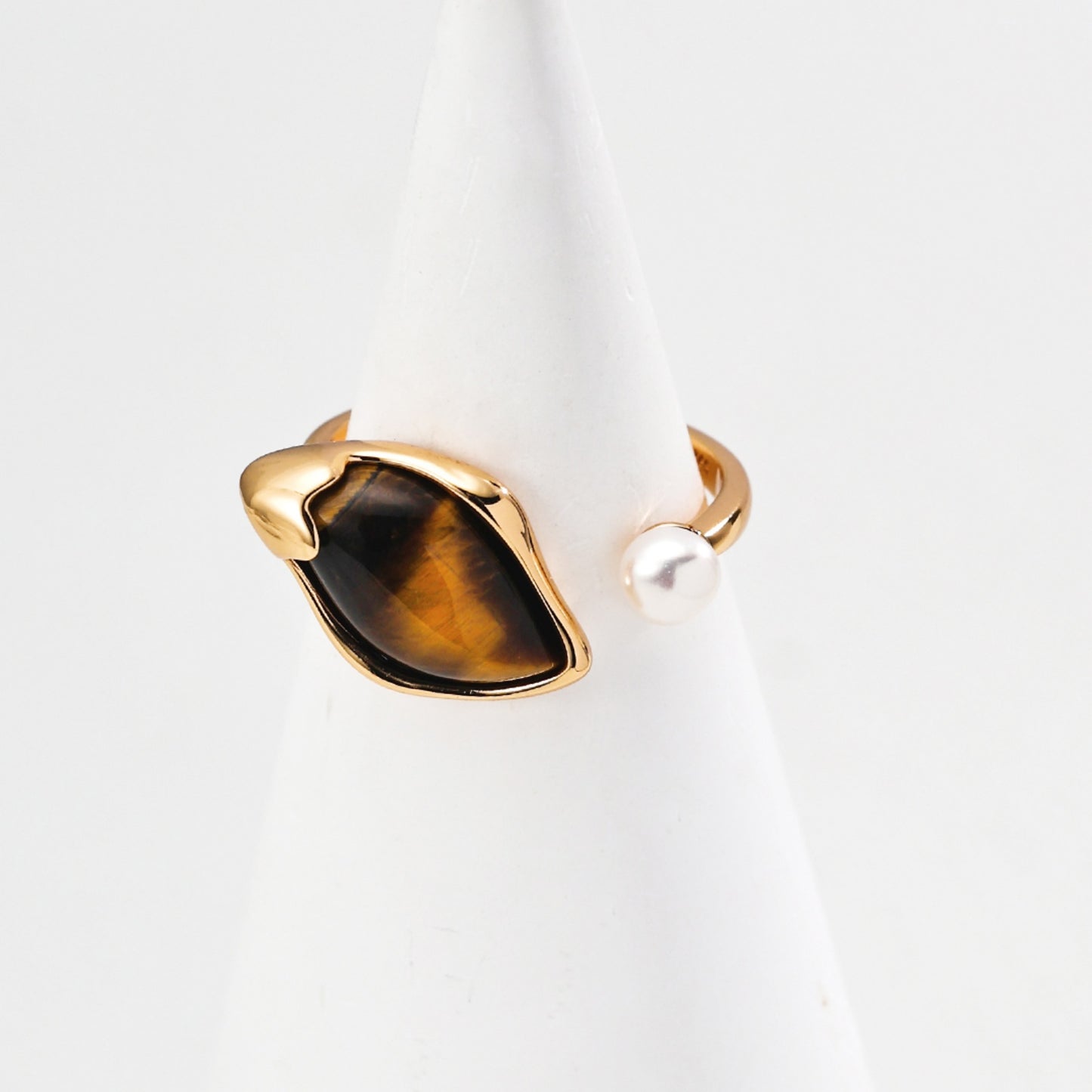 Tiger Eye Pearl Adjustable Ring, S925 Sterling Silver Vintage Gold Open Ring