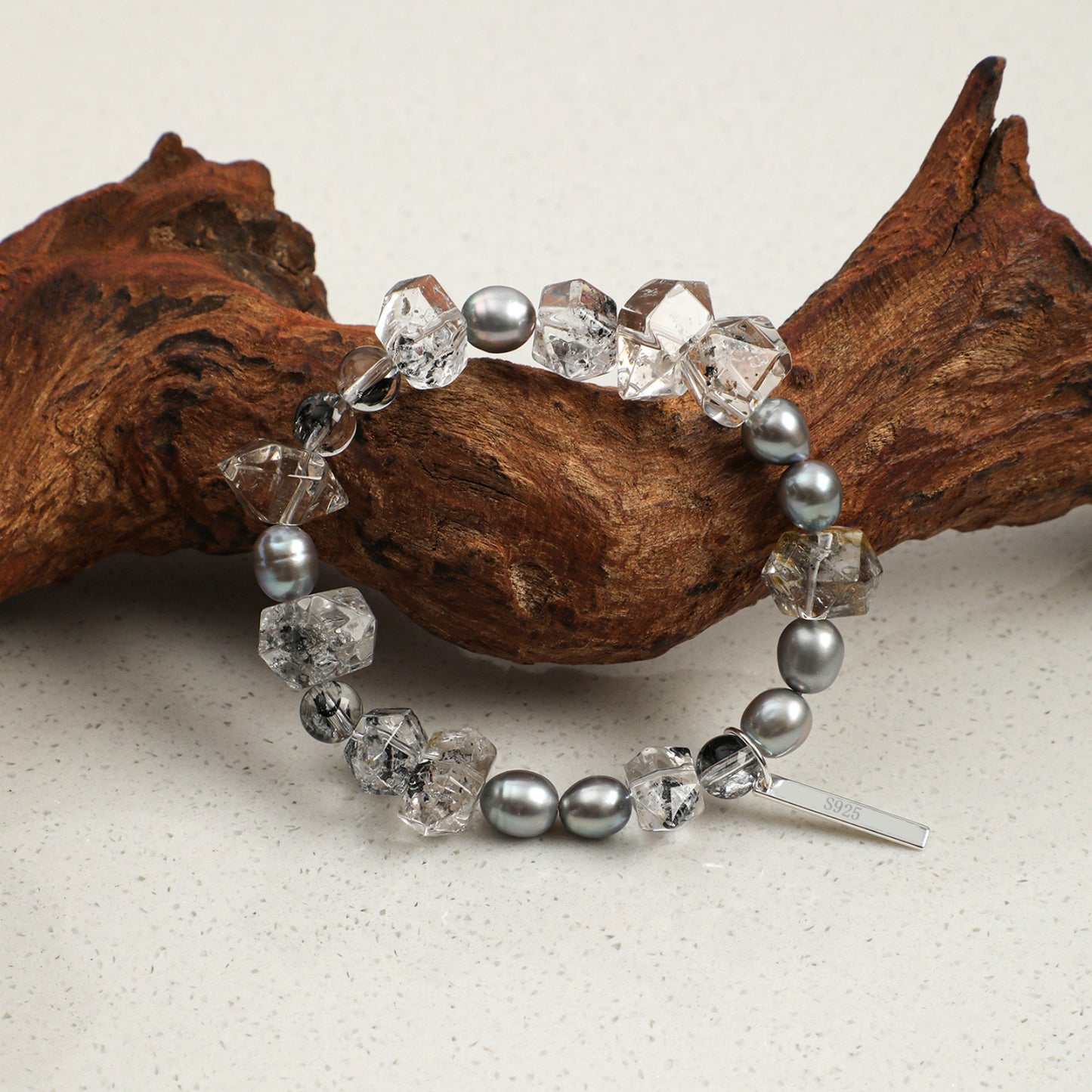 Black Herkimer Crystal Bracelet with Gray Rice Pearls and Sterling Silver Charm