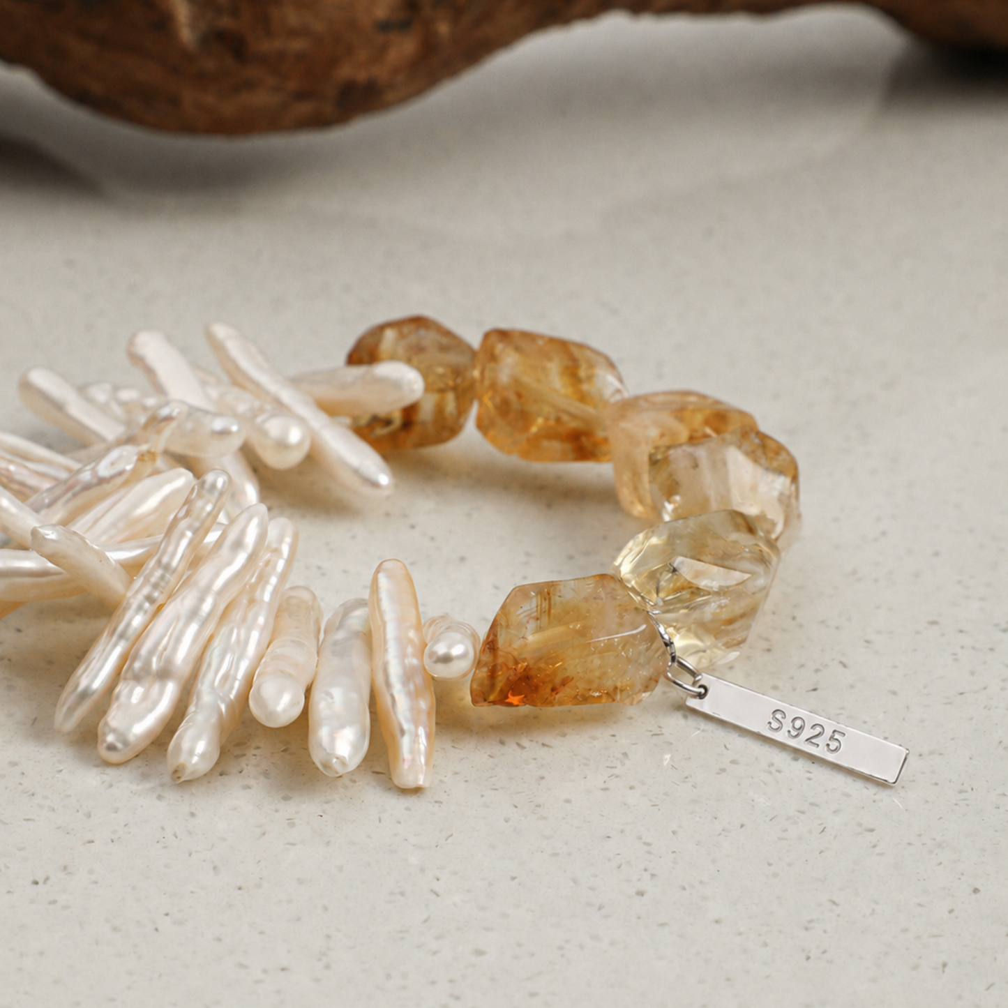 Natural Yellow Crystal & Baroque Stick Pearl Bracelet with Sterling Silver Charm