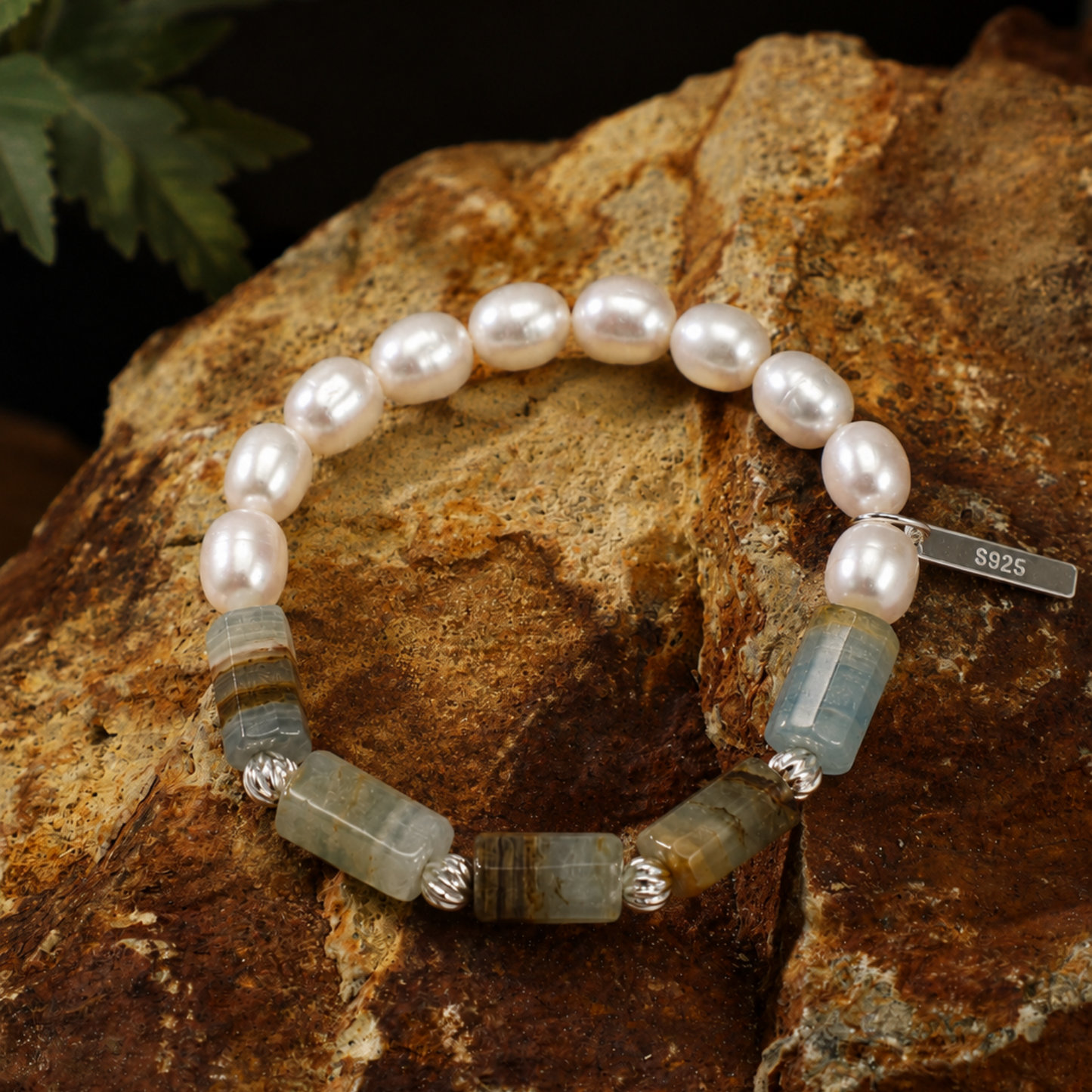 Freshwater Pearl & Blue Lace Natural Crystal Bracelet with Sterling Silver Accents