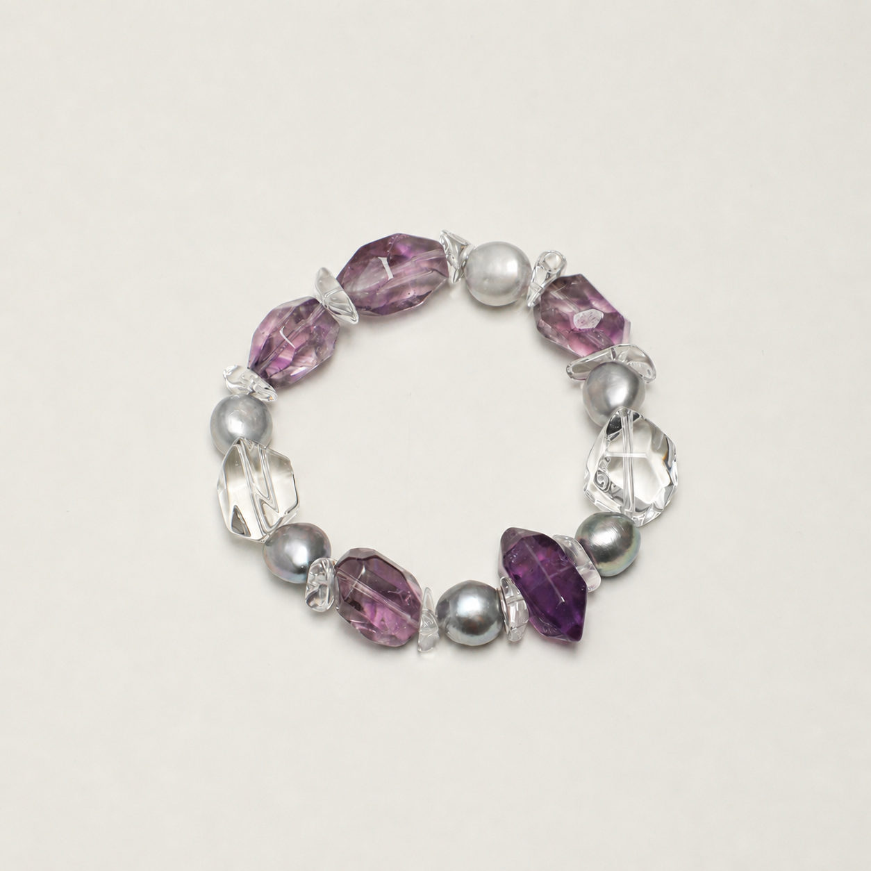 Natural Amethyst & Clear Quartz Bracelet with Gray Baroque Pearl Accents