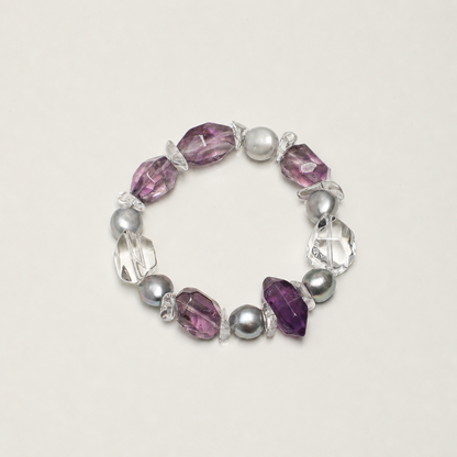 Natural Amethyst & Clear Quartz Bracelet with Gray Baroque Pearl Accents