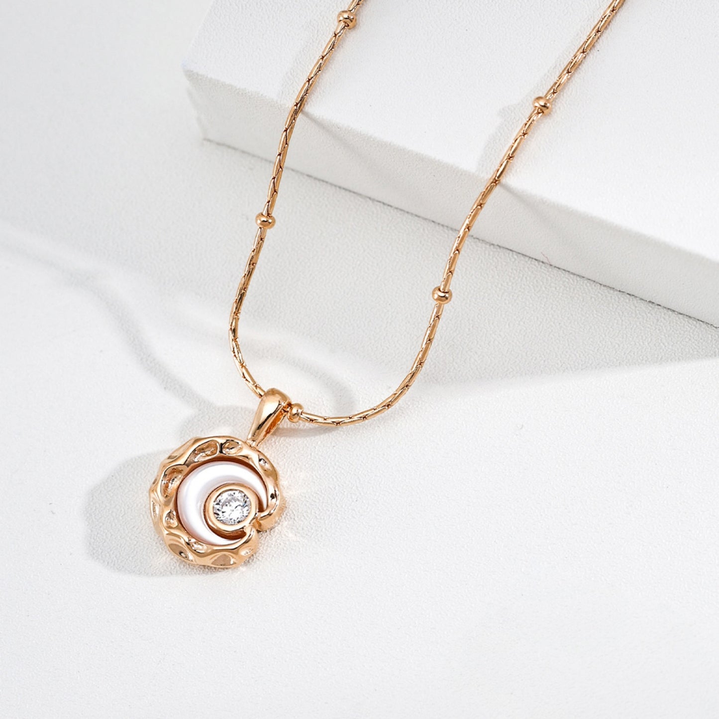 Star Moon Mother of Pearl Necklace, S925 Sterling Silver Cubic Zirconia Pendant Necklace in Vintage Gold Tone