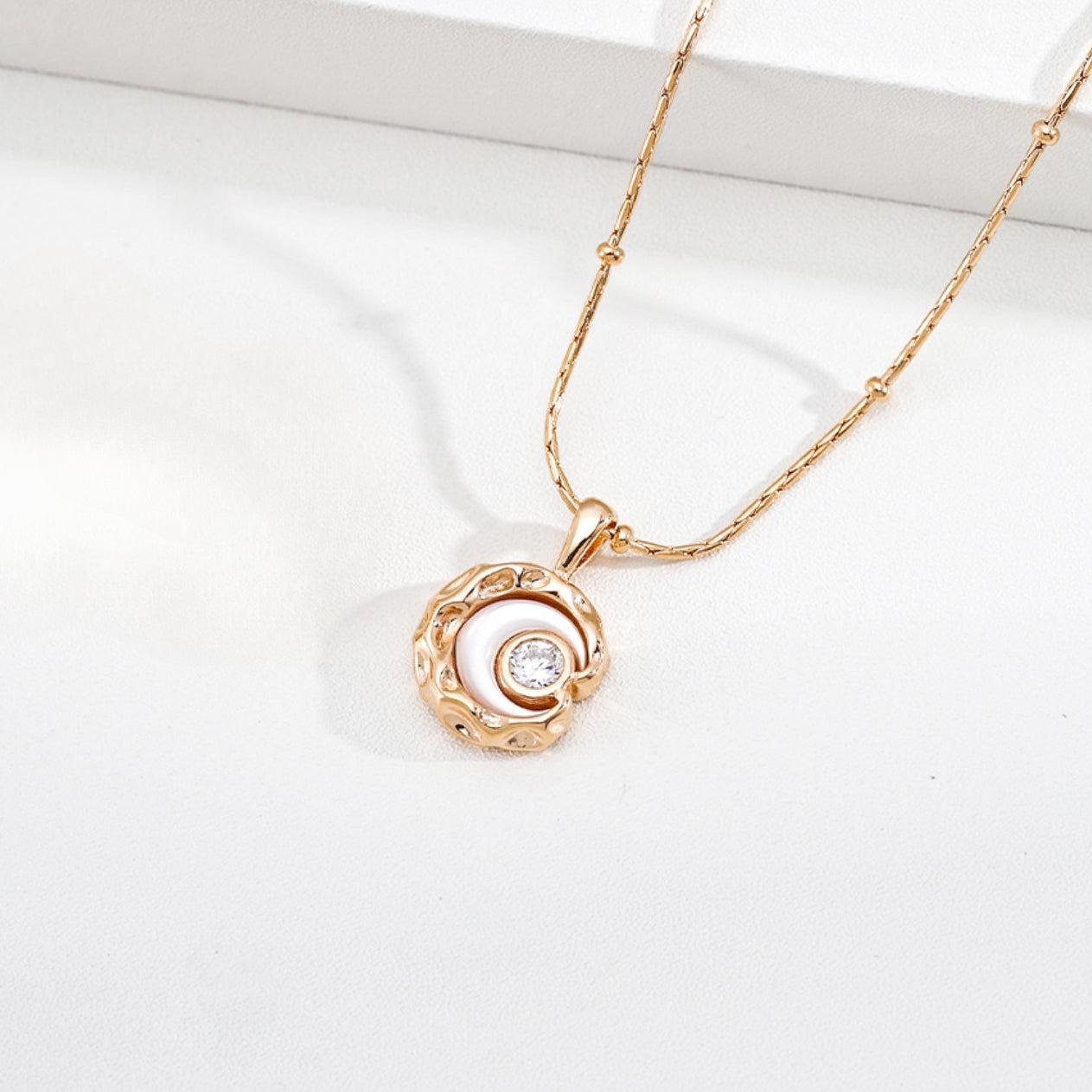 Star Moon Mother of Pearl Necklace, S925 Sterling Silver Cubic Zirconia Pendant Necklace in Vintage Gold Tone