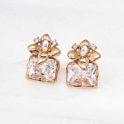 Flower Cubic Zirconia Stud Earrings, S925 Sterling Silver Vintage Gold Floral Earrings