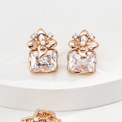 Flower Cubic Zirconia Stud Earrings, S925 Sterling Silver Vintage Gold Floral Earrings