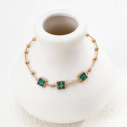 Green Cubic Zirconia Bracelet, S925 Sterling Silver Vintage Gold Station Bracelet
