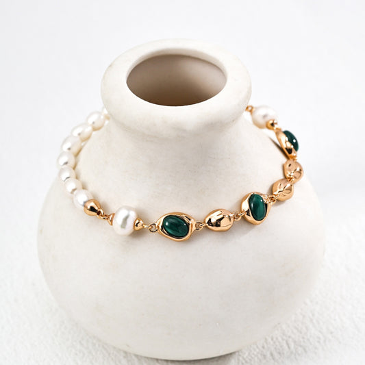 Natural Pearl Malachite Bracelet, S925 Sterling Silver Vintage Gold Adjustable Bracelet