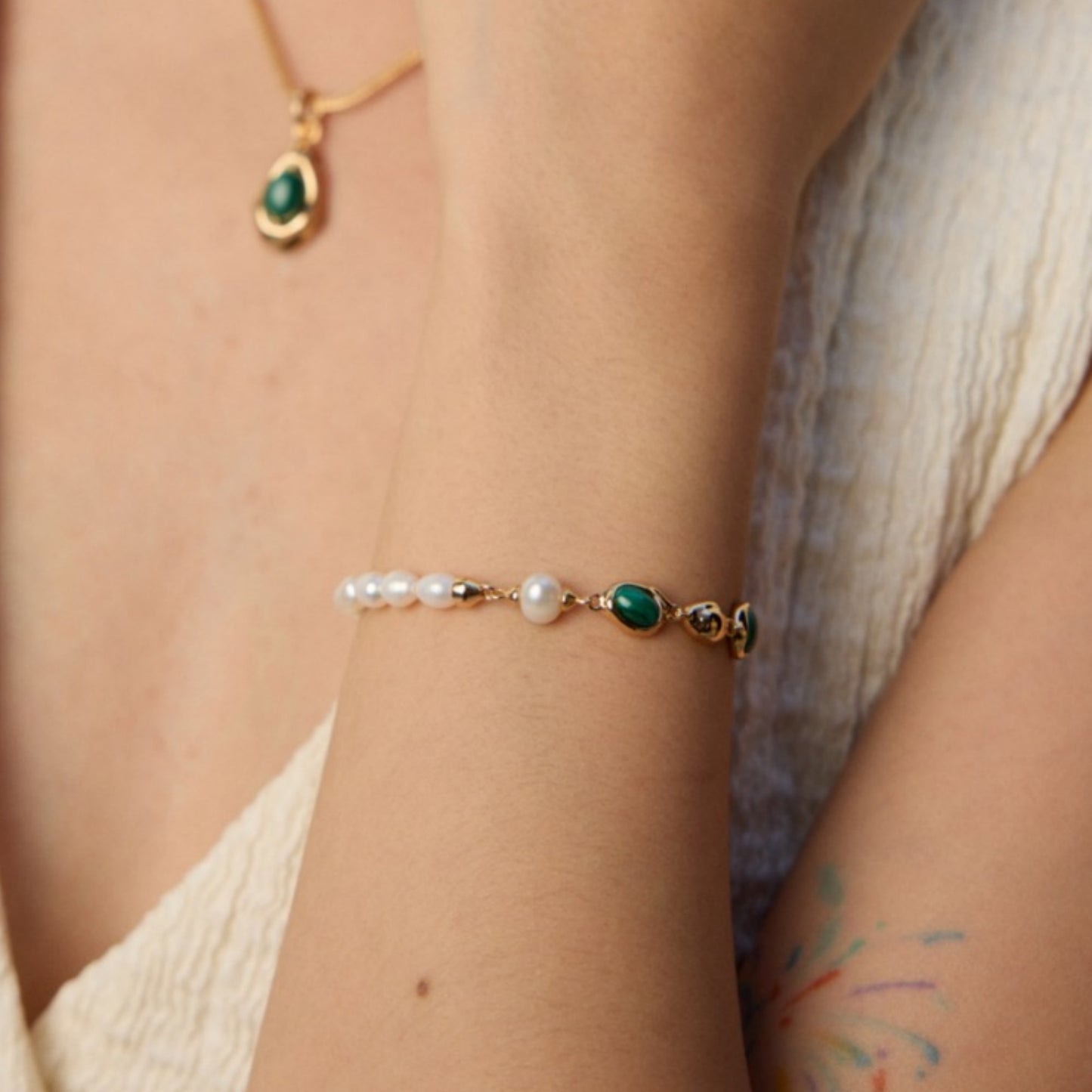 Natural Pearl Malachite Bracelet, S925 Sterling Silver Vintage Gold Adjustable Bracelet