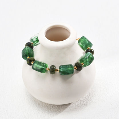 Green Resin Stone Bracelet, 925 Sterling Silver Vintage Gold Beaded Bracelet