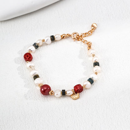 Cinnabar Moss Agate Pearl Bracelet, S925 Sterling Silver Vintage Gold Beaded Bracelet