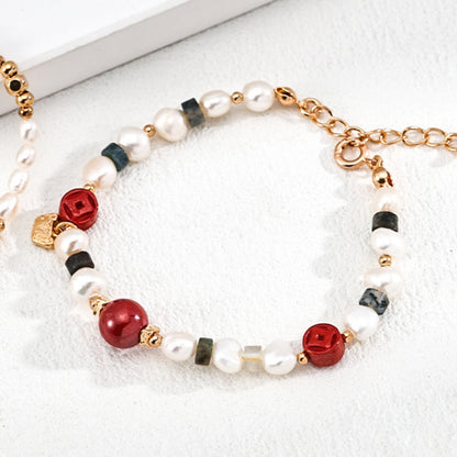Cinnabar Moss Agate Pearl Bracelet, S925 Sterling Silver Vintage Gold Beaded Bracelet