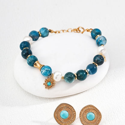 Azurite Turquoise Pearl Bracelet, S925 Sterling Silver Vintage Gold Beaded Bracelet