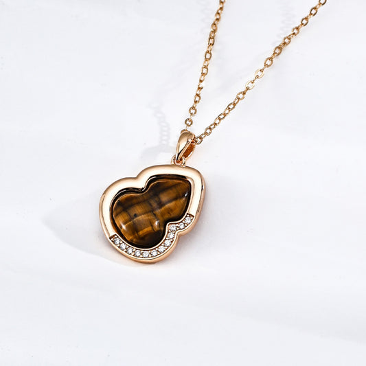 Tiger Eye Gourd Pendant Necklace, S925 Sterling Silver Cubic Zirconia Vintage Gold Necklace