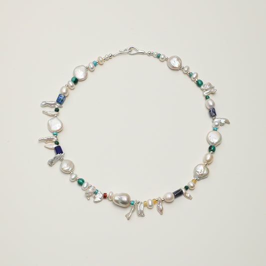 Forest Isle Baroque Pearl & Mixed Gemstone Necklace with Sterling Silver Clasp
