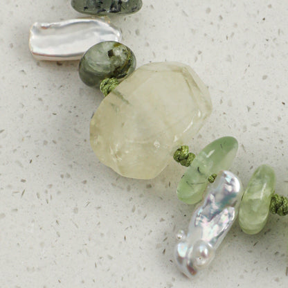 Natural Prehnite & Yellow Crystal Bracelet with Baroque Pearl and Sterling Silver Charm