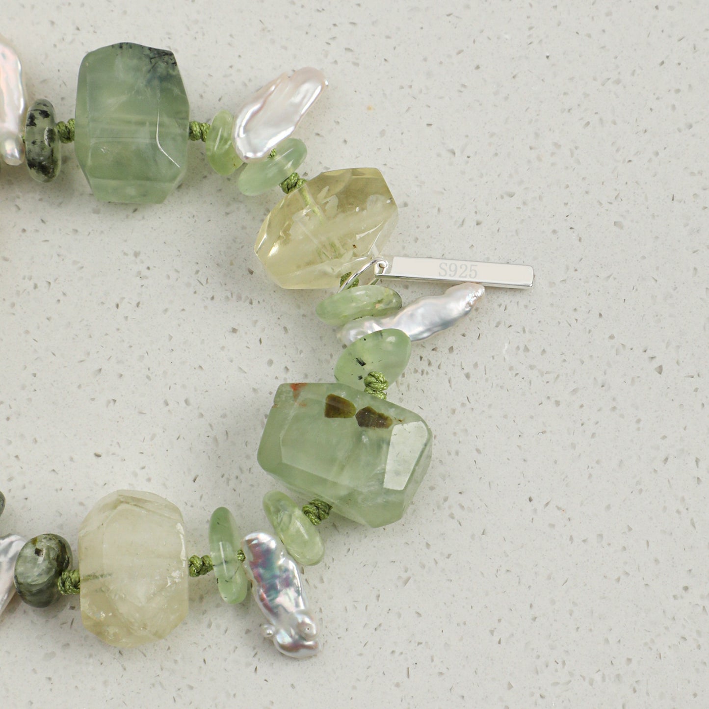 Natural Prehnite & Yellow Crystal Bracelet with Baroque Pearl and Sterling Silver Charm