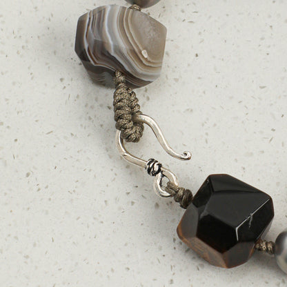 Faceted Tiger Eye & Persian Agate Bracelet with Gray Baroque Pearl and Sterling Silver Charm