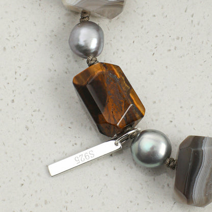 Faceted Tiger Eye & Persian Agate Bracelet with Gray Baroque Pearl and Sterling Silver Charm