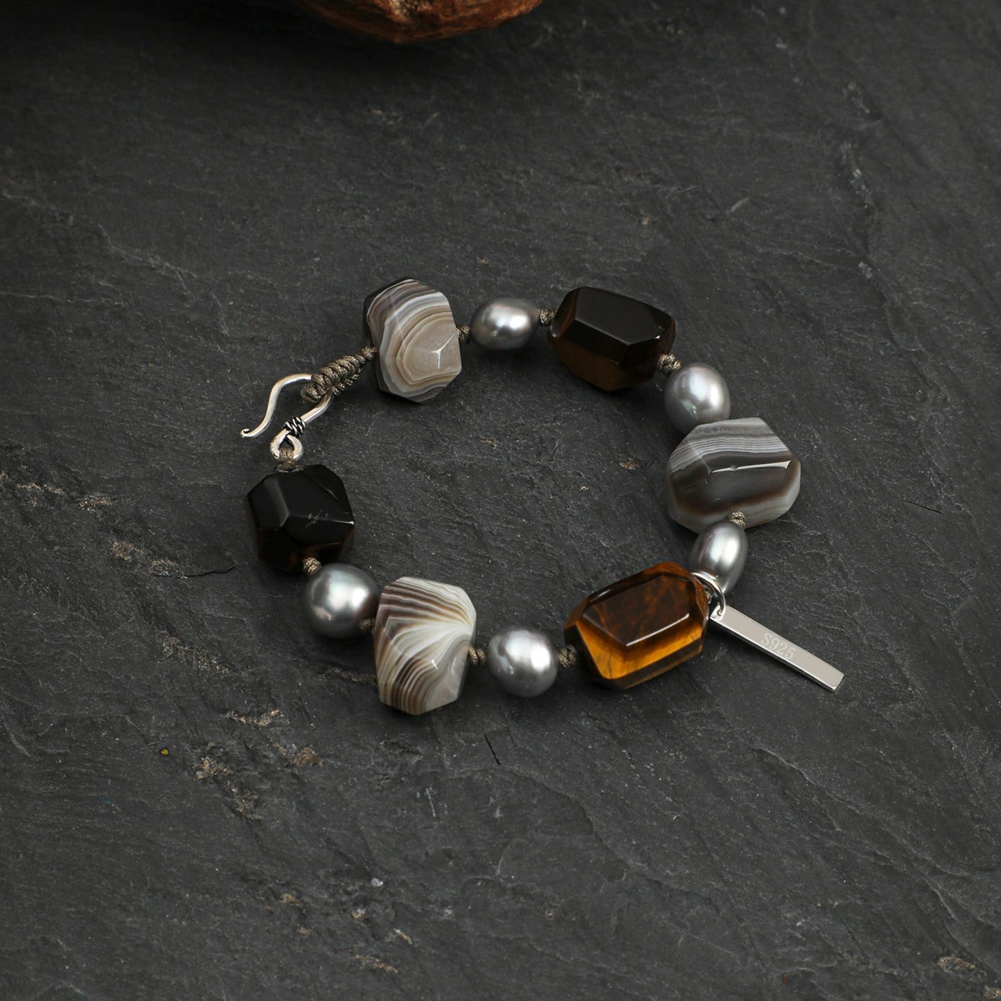 Faceted Tiger Eye & Persian Agate Bracelet with Gray Baroque Pearl and Sterling Silver Charm
