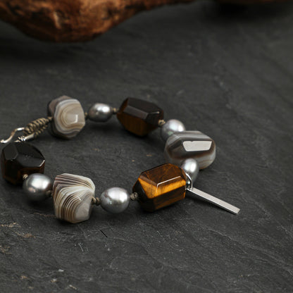 Faceted Tiger Eye & Persian Agate Bracelet with Gray Baroque Pearl and Sterling Silver Charm