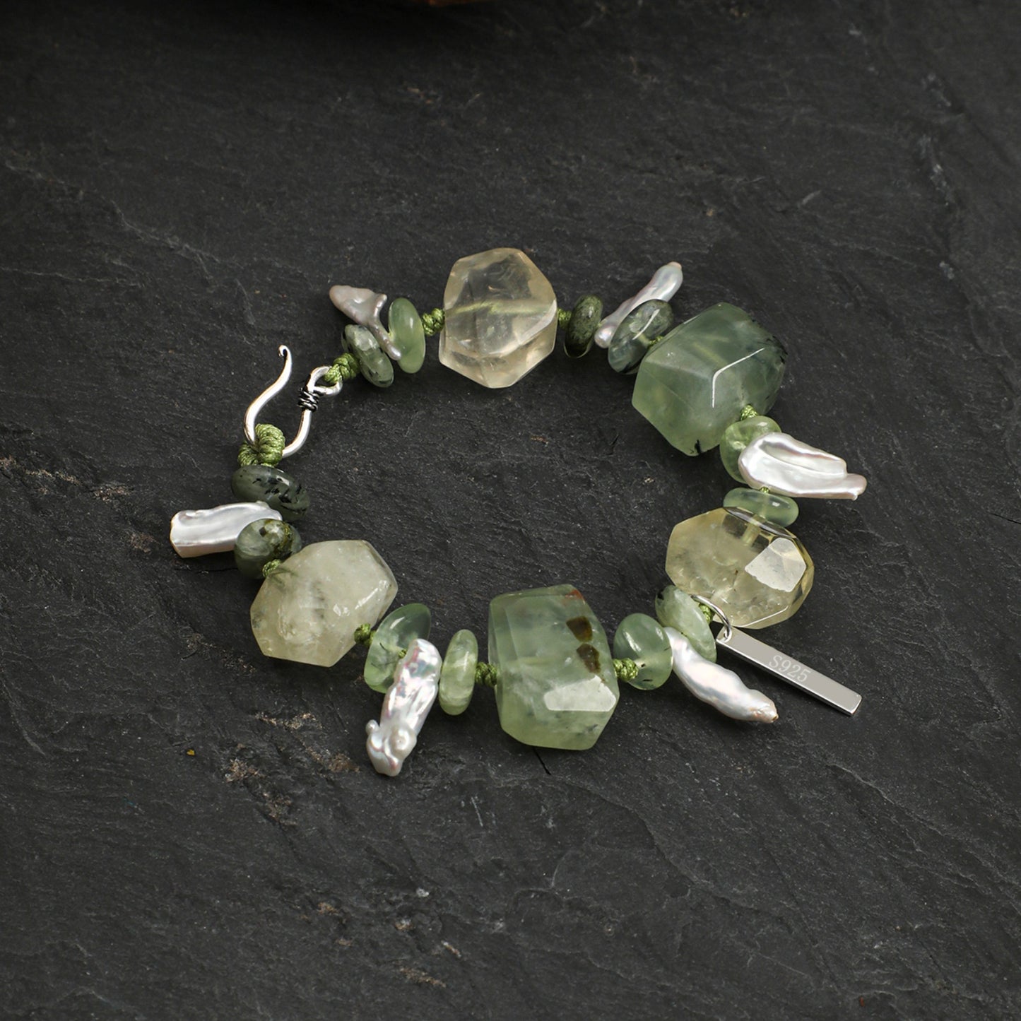 Natural Prehnite & Yellow Crystal Bracelet with Baroque Pearl and Sterling Silver Charm