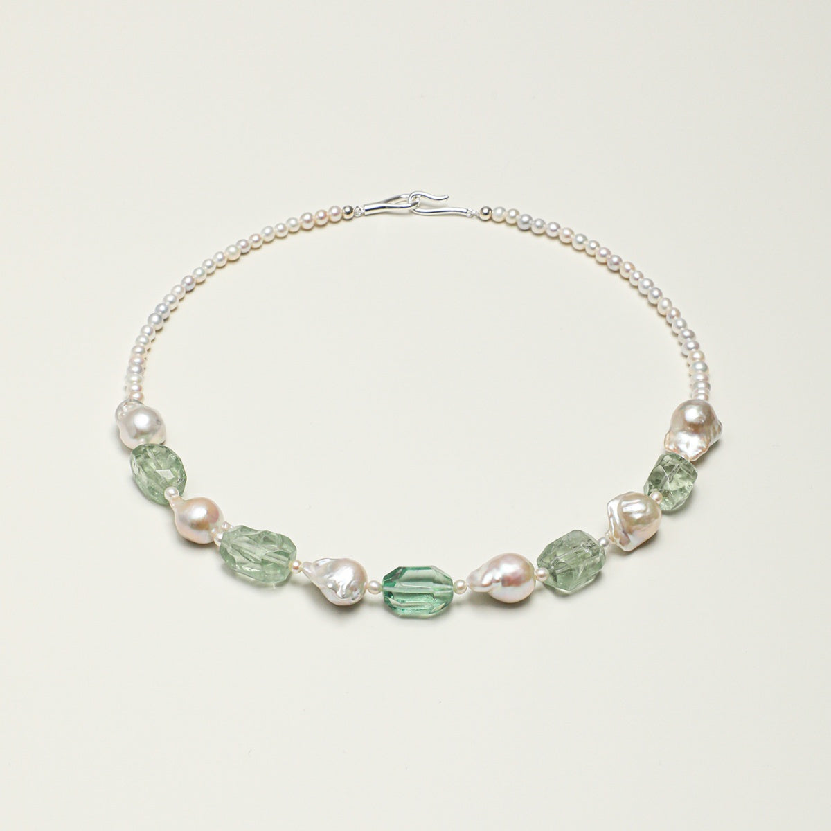 Mist Green Natural Crystal & Baroque Pearl Necklace with Sterling Silver Clasp