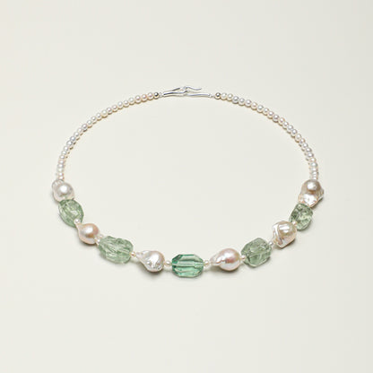 Mist Green Natural Crystal & Baroque Pearl Necklace with Sterling Silver Clasp