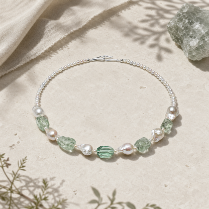 Mist Green Natural Crystal & Baroque Pearl Necklace with Sterling Silver Clasp