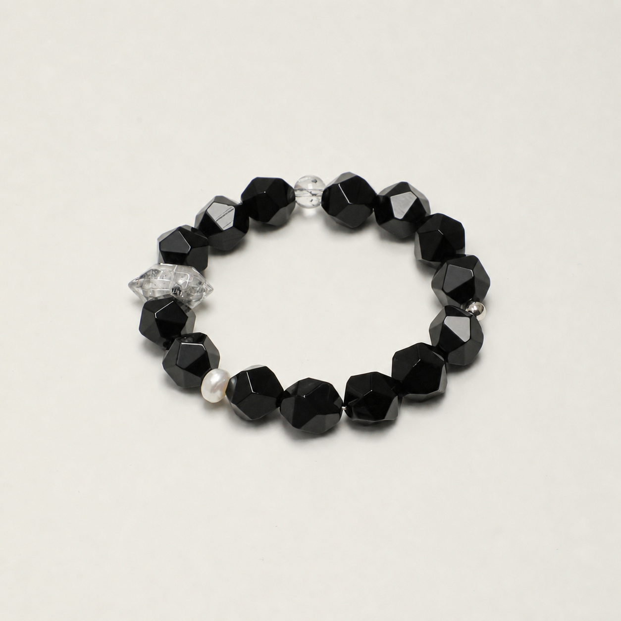 Faceted Black Agate & Black Herkimer Crystal Bracelet with Pearl Accents