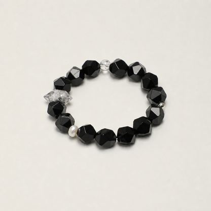 Faceted Black Agate & Black Herkimer Crystal Bracelet with Pearl Accents