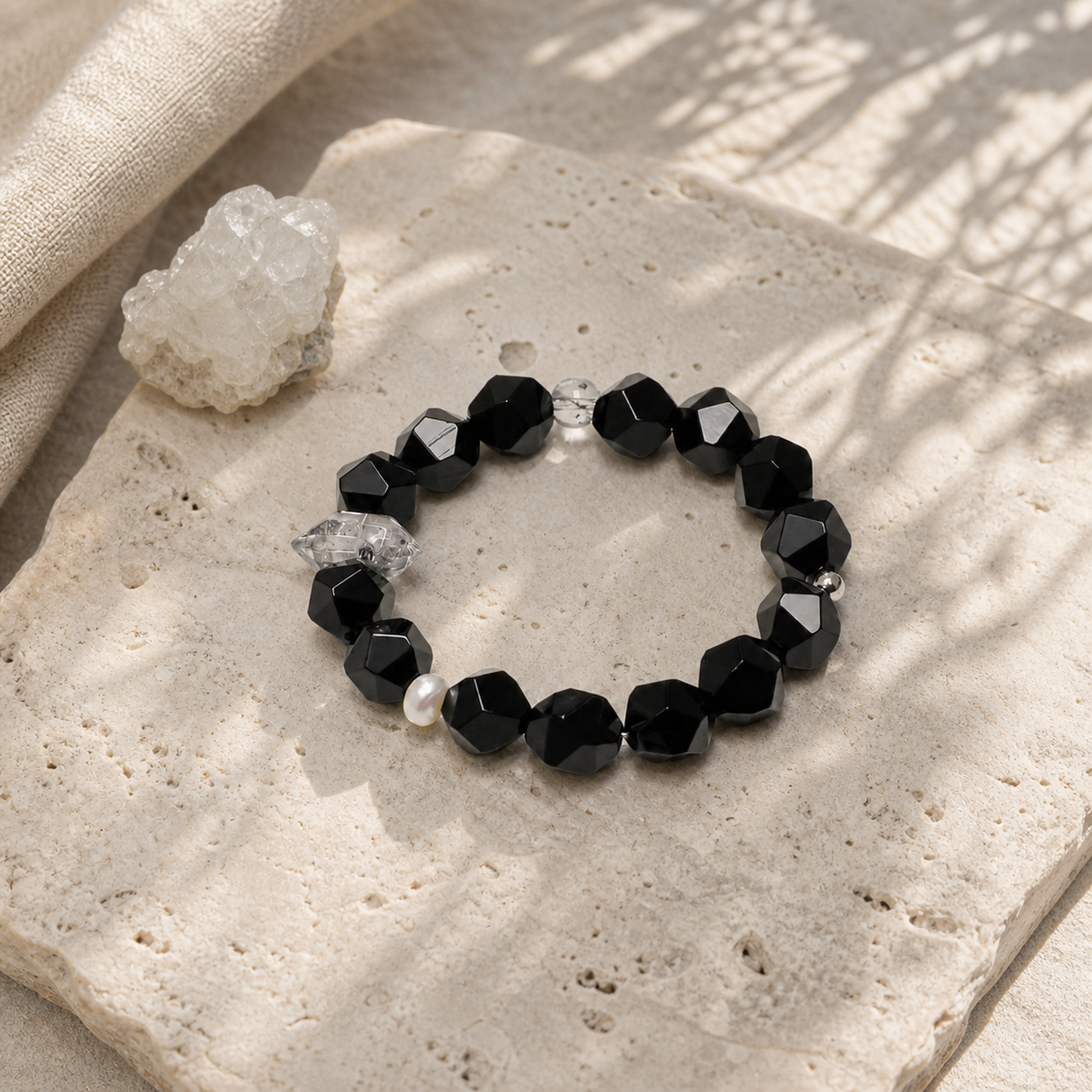 Faceted Black Agate & Black Herkimer Crystal Bracelet with Pearl Accents