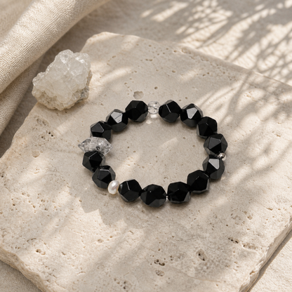 Faceted Black Agate & Black Herkimer Crystal Bracelet with Pearl Accents