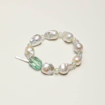 Green Fluorite & Prehnite Bracelet with Large Baroque Pearl and Sterling Silver Charm