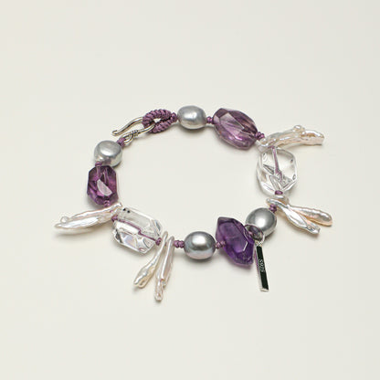 Natural Amethyst & Clear Quartz Bracelet with Gray Baroque Pearl and Sterling Silver Charm