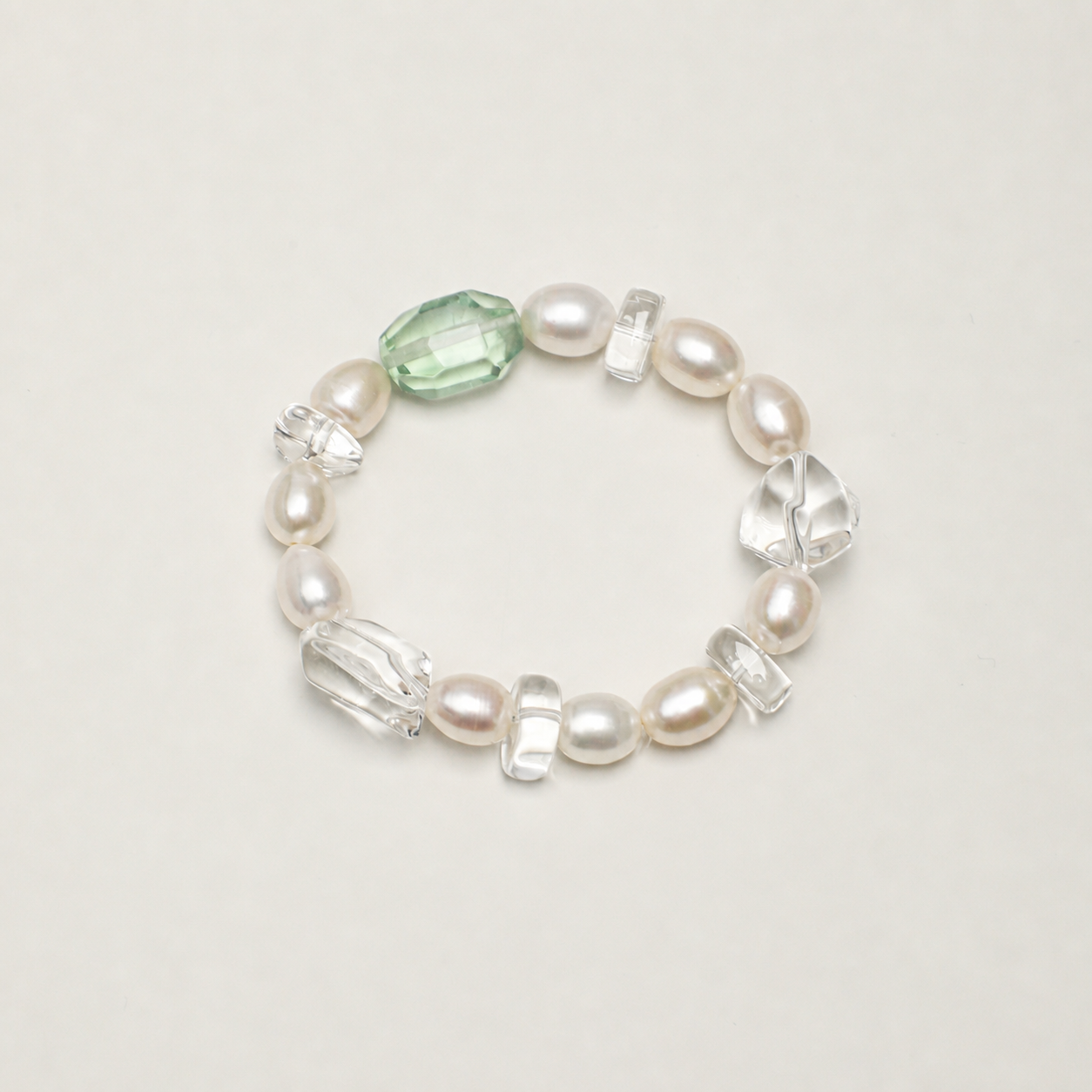Green Crystal & Clear Quartz Bracelet with White Rice Pearls