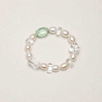 Green Crystal & Clear Quartz Bracelet with White Rice Pearls