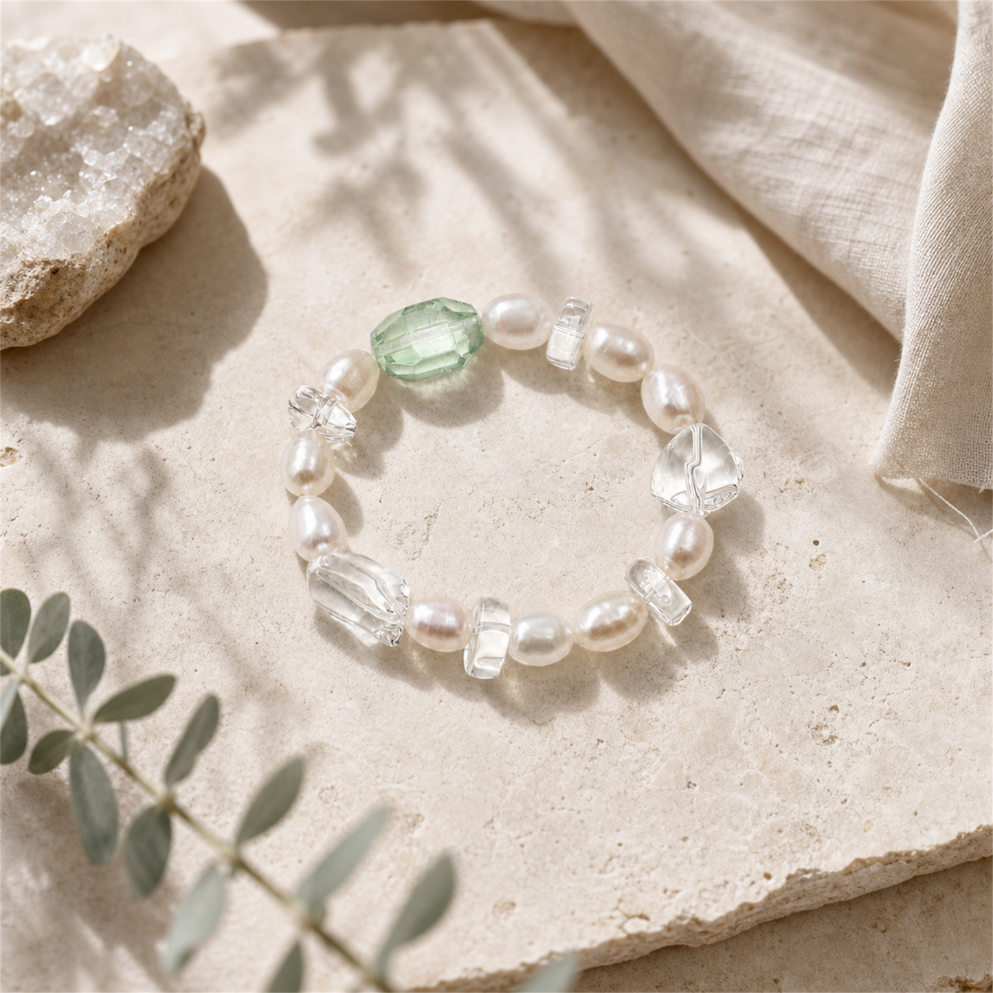 Green Crystal & Clear Quartz Bracelet with White Rice Pearls