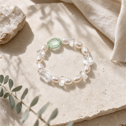 Green Crystal & Clear Quartz Bracelet with White Rice Pearls