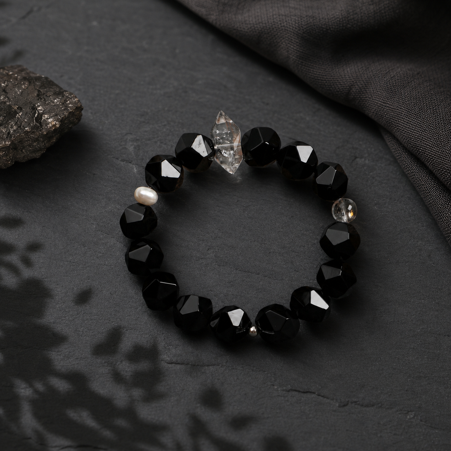 Faceted Black Agate & Black Herkimer Crystal Bracelet with Pearl Accents