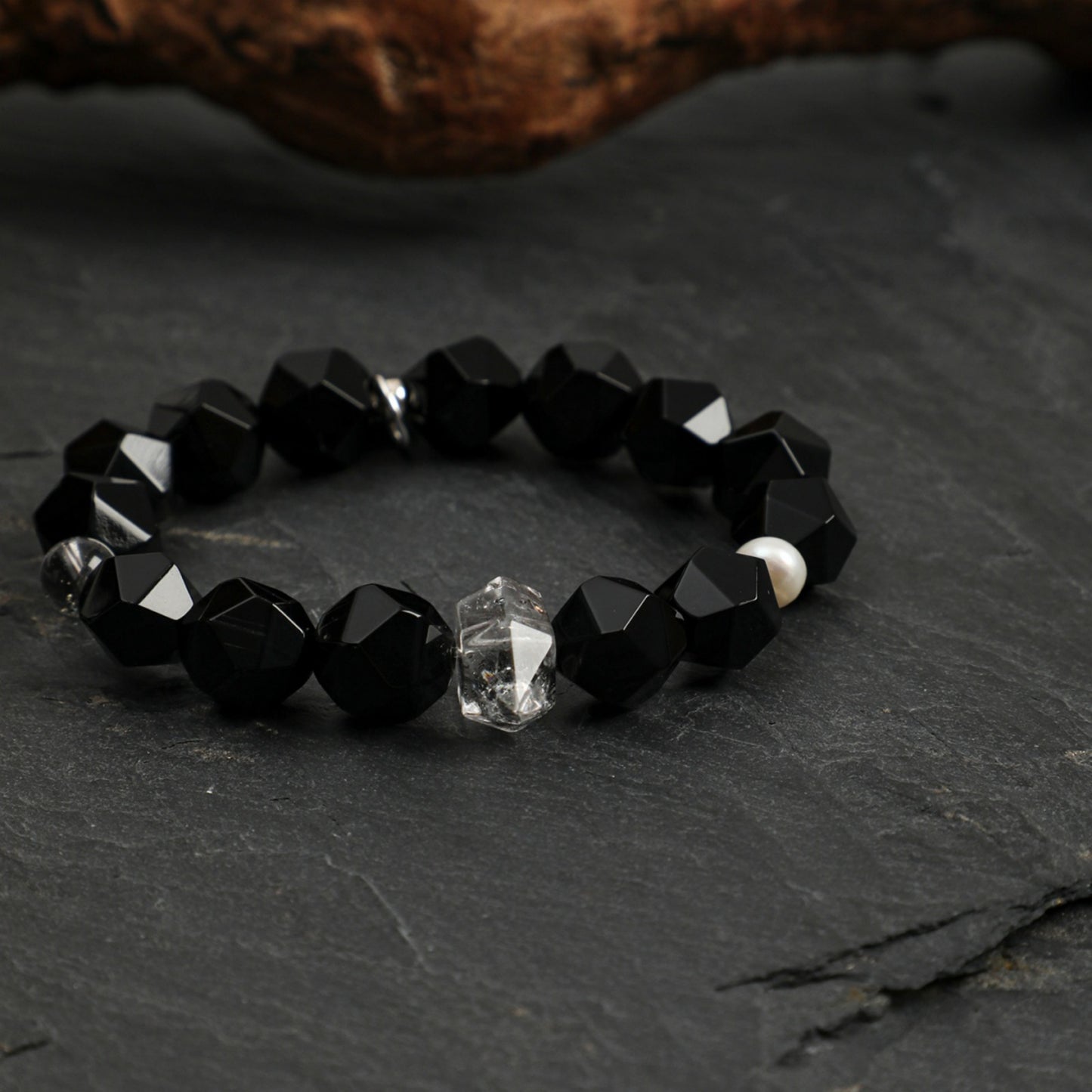 Faceted Black Agate & Black Herkimer Crystal Bracelet with Pearl Accents