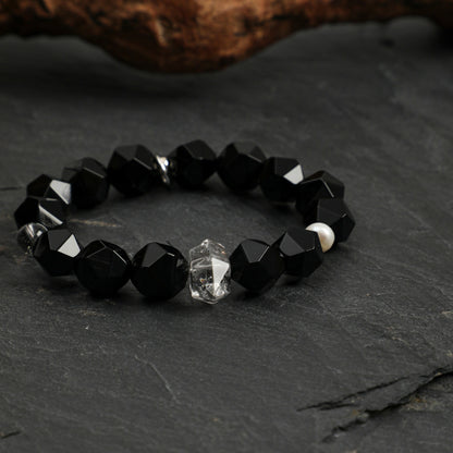 Faceted Black Agate & Black Herkimer Crystal Bracelet with Pearl Accents