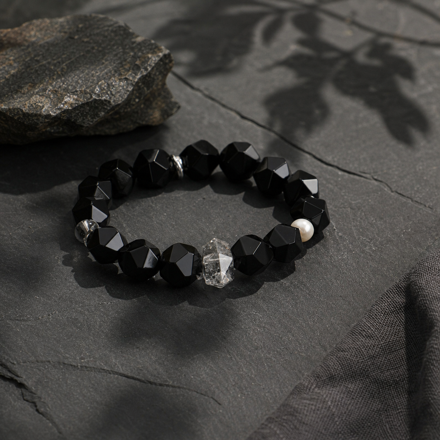 Faceted Black Agate & Black Herkimer Crystal Bracelet with Pearl Accents