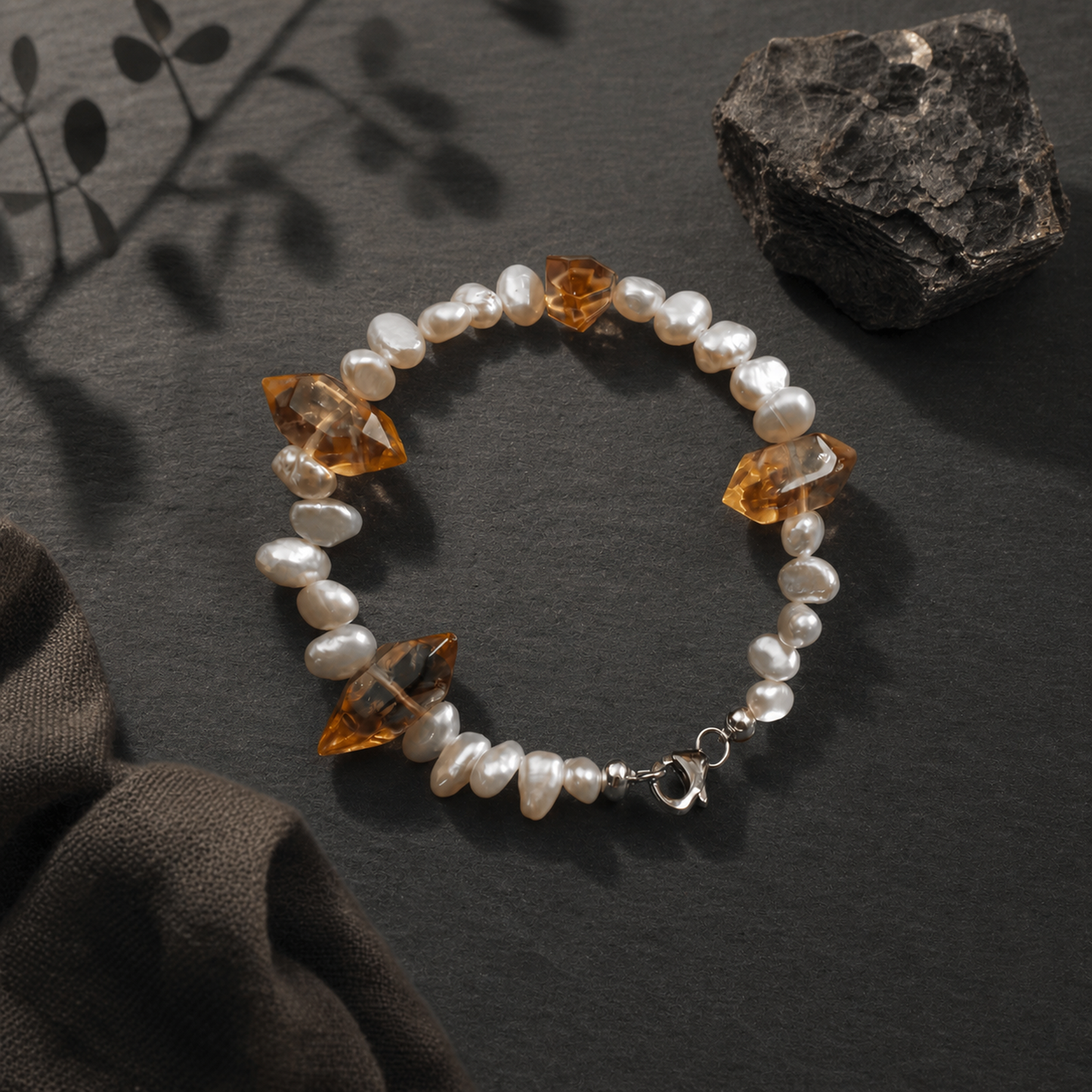 Yellow Tower Crystal & Baroque Pearl Bracelet with Sterling Silver Accents