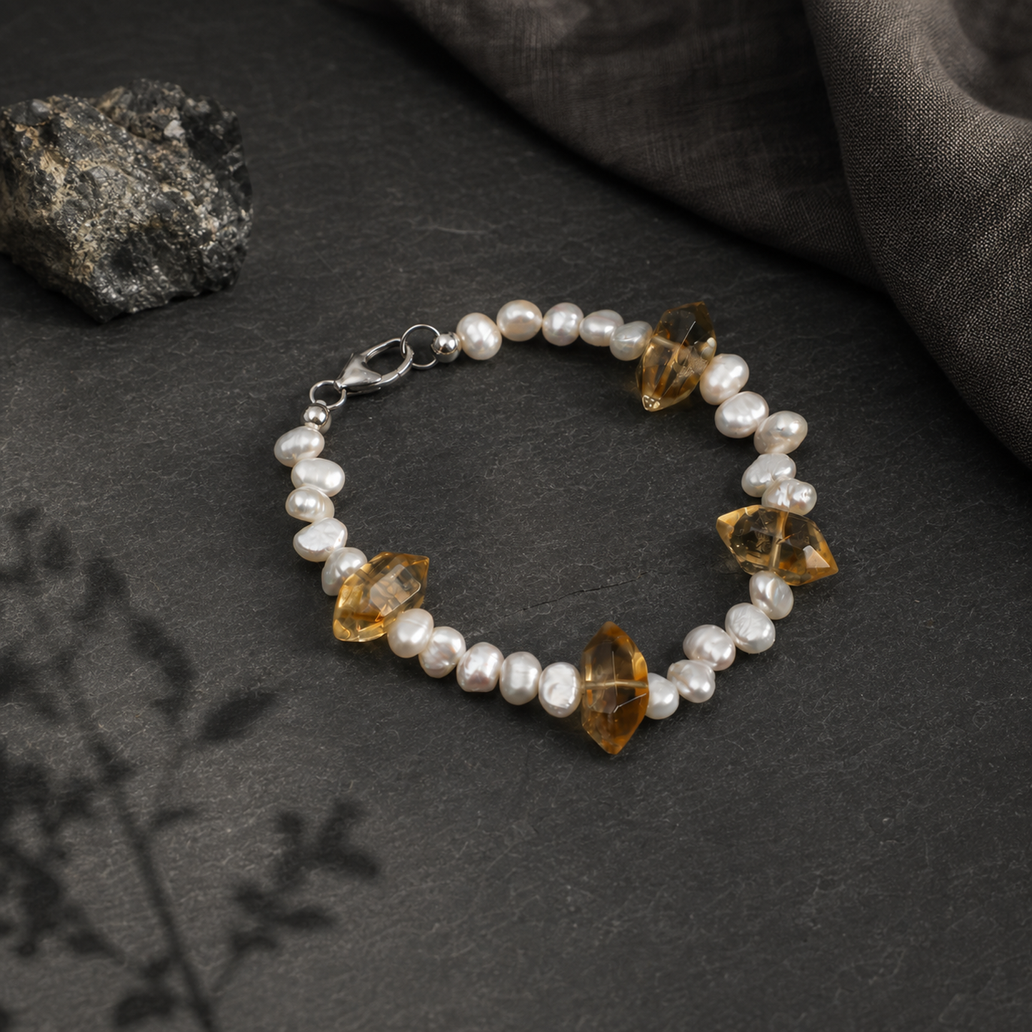 Yellow Tower Crystal & Baroque Pearl Bracelet with Sterling Silver Accents