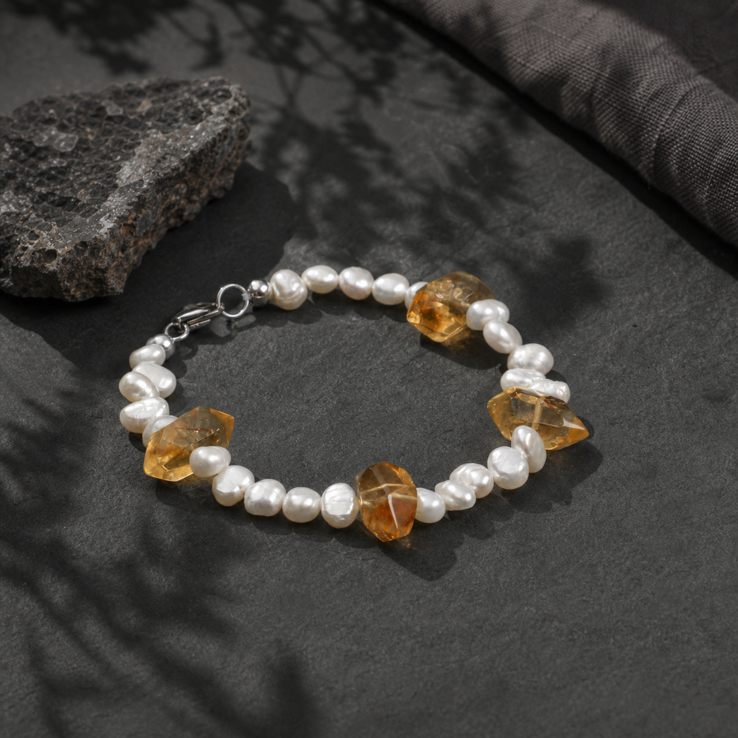 Yellow Tower Crystal & Baroque Pearl Bracelet with Sterling Silver Accents