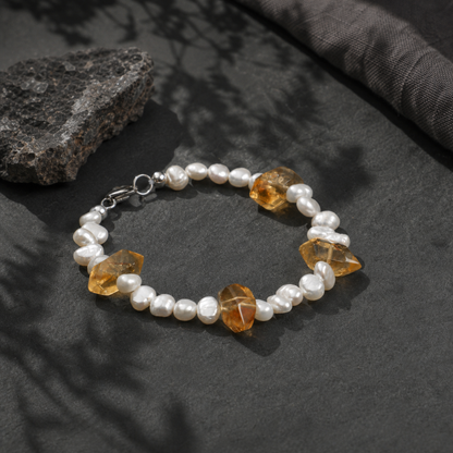 Yellow Tower Crystal & Baroque Pearl Bracelet with Sterling Silver Accents