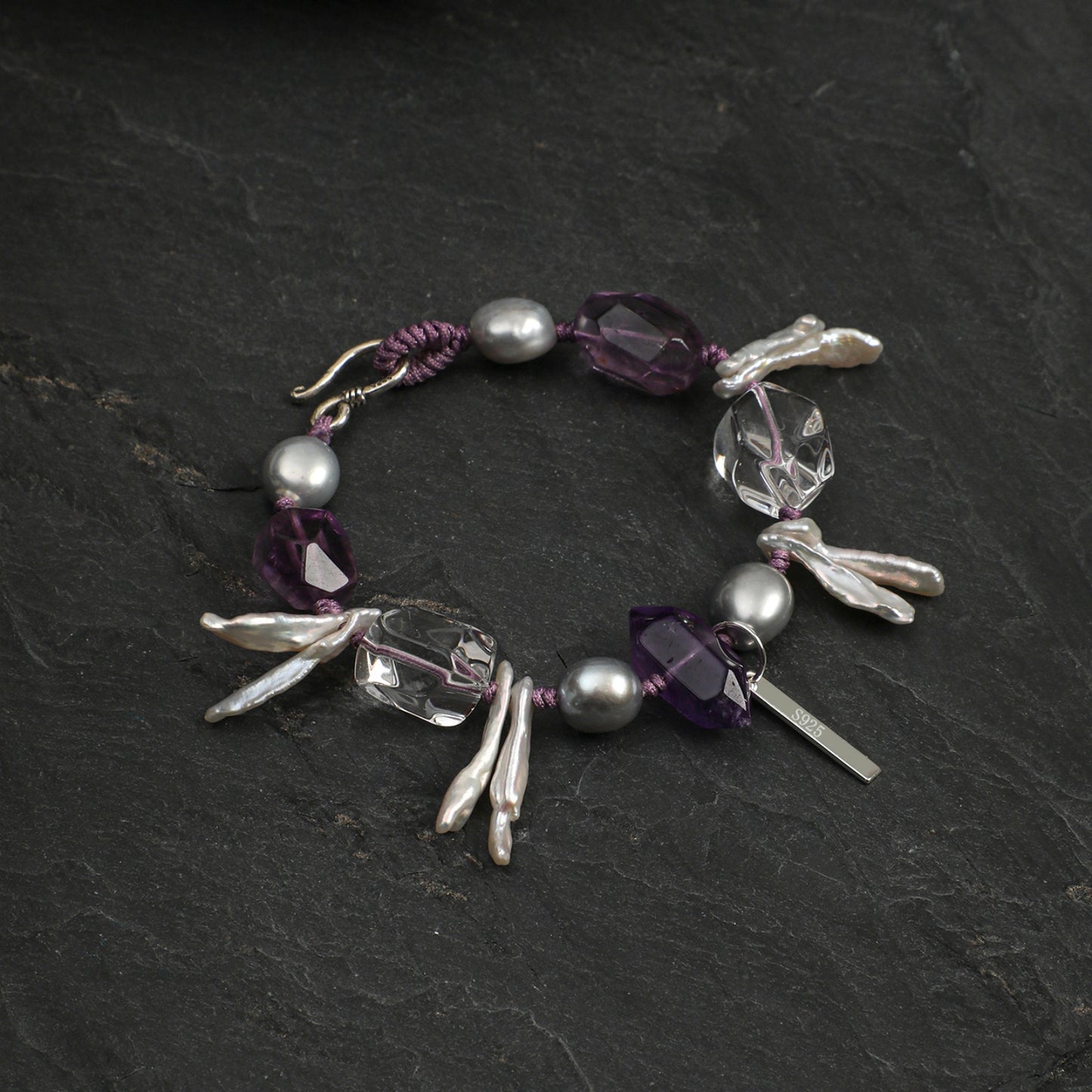 Natural Amethyst & Clear Quartz Bracelet with Gray Baroque Pearl and Sterling Silver Charm