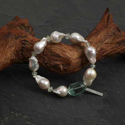Green Fluorite & Prehnite Bracelet with Large Baroque Pearl and Sterling Silver Charm