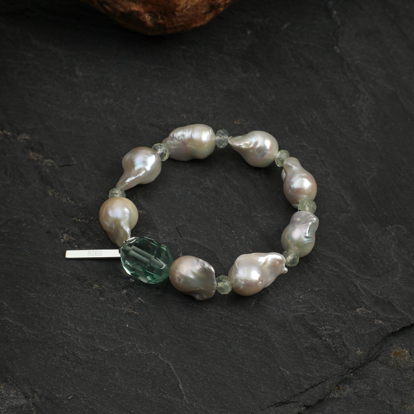 Green Fluorite & Prehnite Bracelet with Large Baroque Pearl and Sterling Silver Charm
